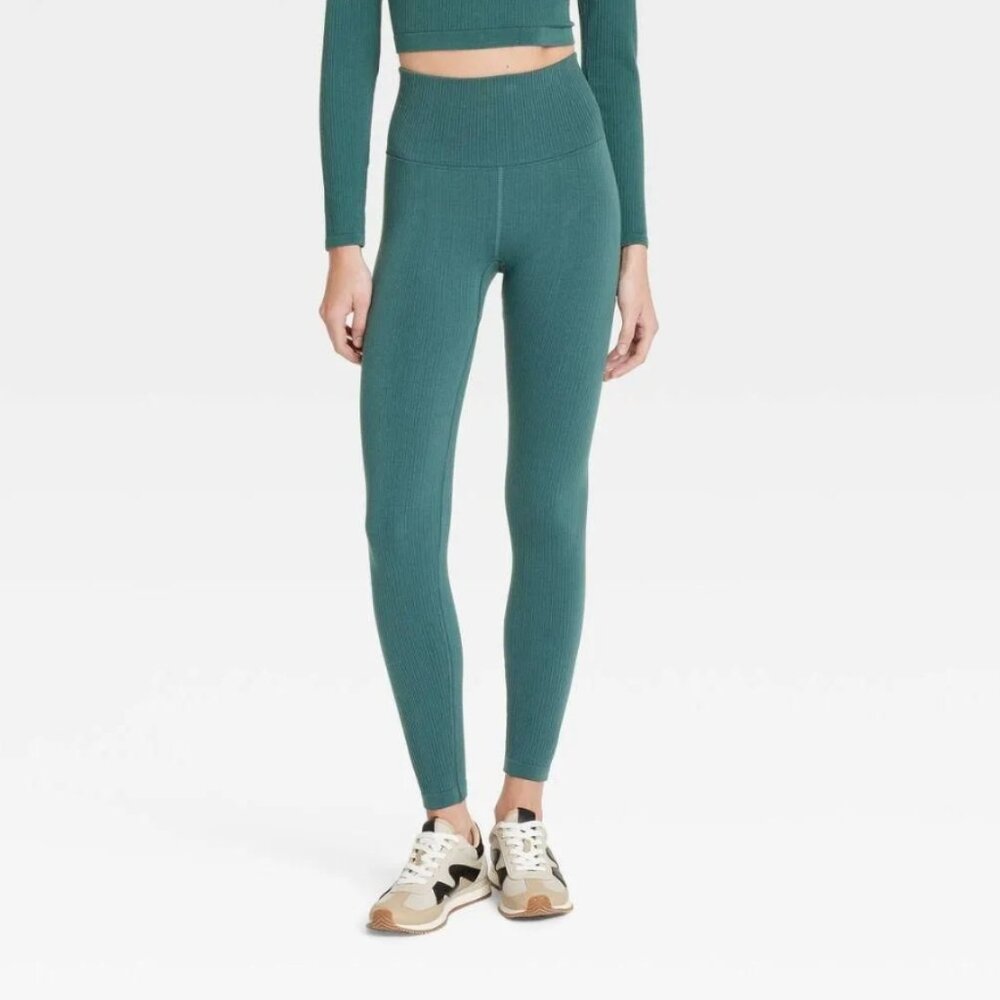 NWT All In Motion Women's Large Green Seamless High-Rise Ribbed Leggings Workout